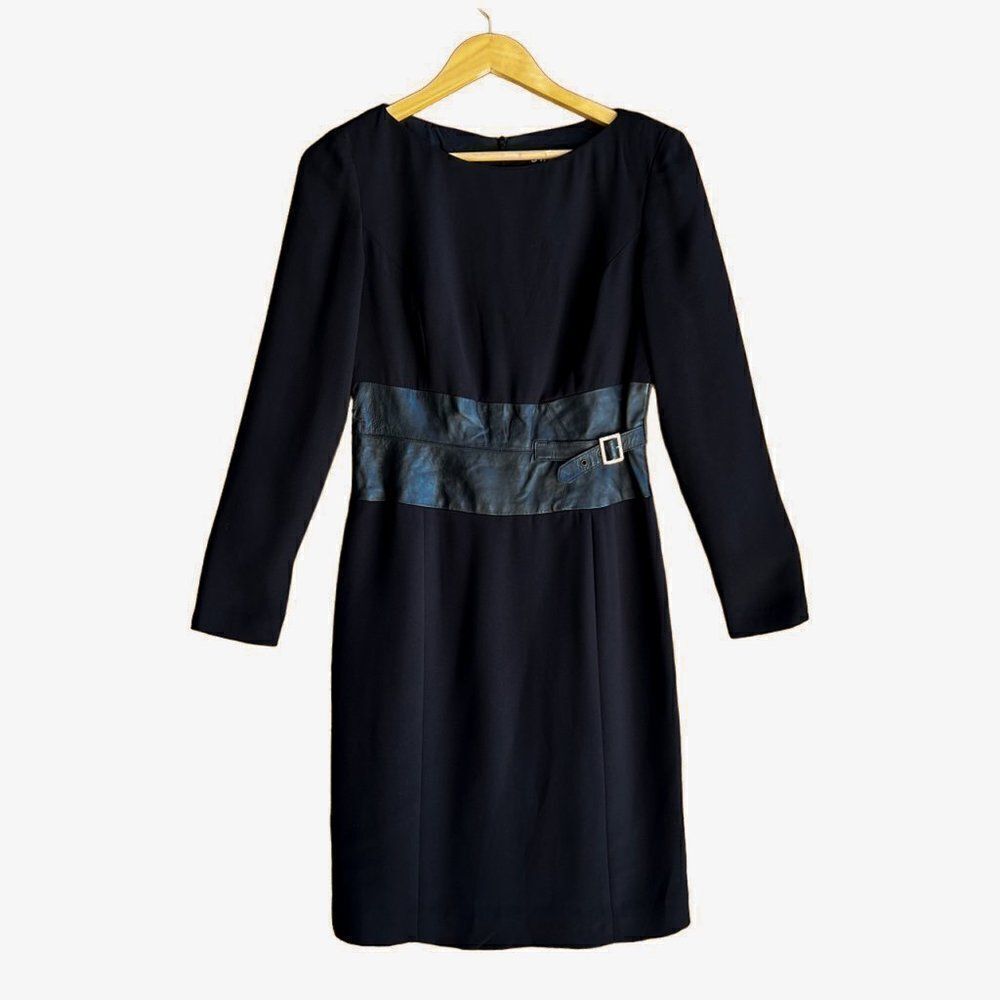 Vintage Shani Black Genuine Leather Buckle Belt Long Sleeve Dress